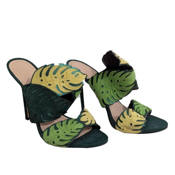 Zara Suede Leather Leaf Cutout Suede Heels Tropical Monstera Banana Leaves - Picture 3 of 7
